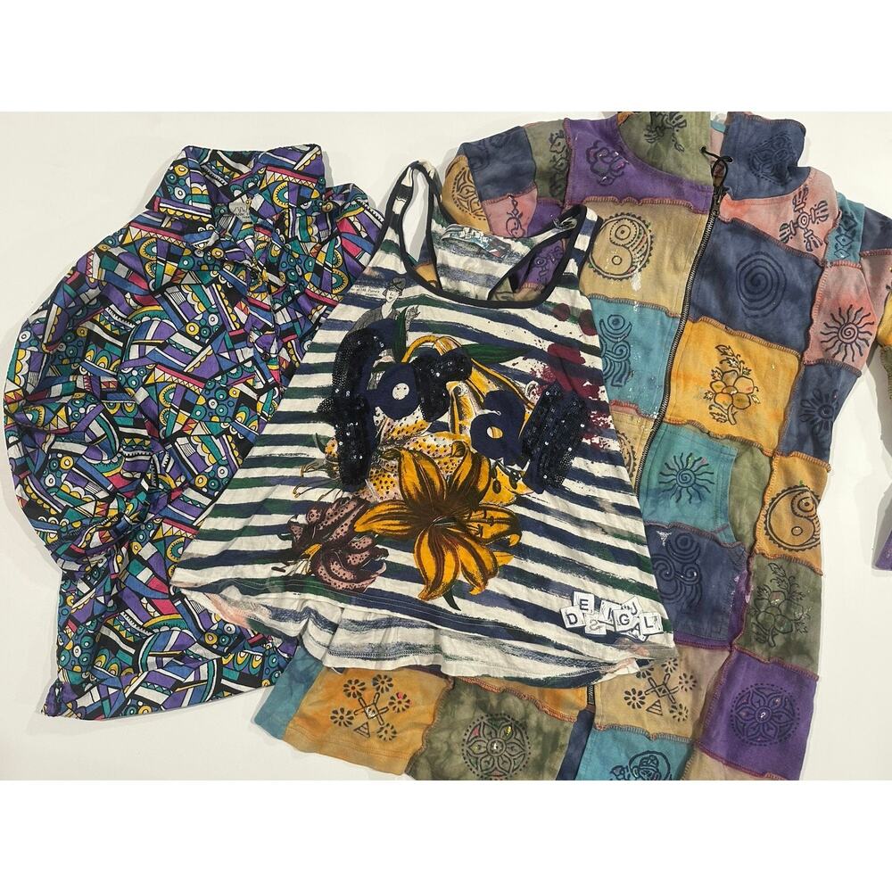 Curated Lot of 3 Eccentric Bohemian Y2K Pieces Desigual Top Patchwork Coat